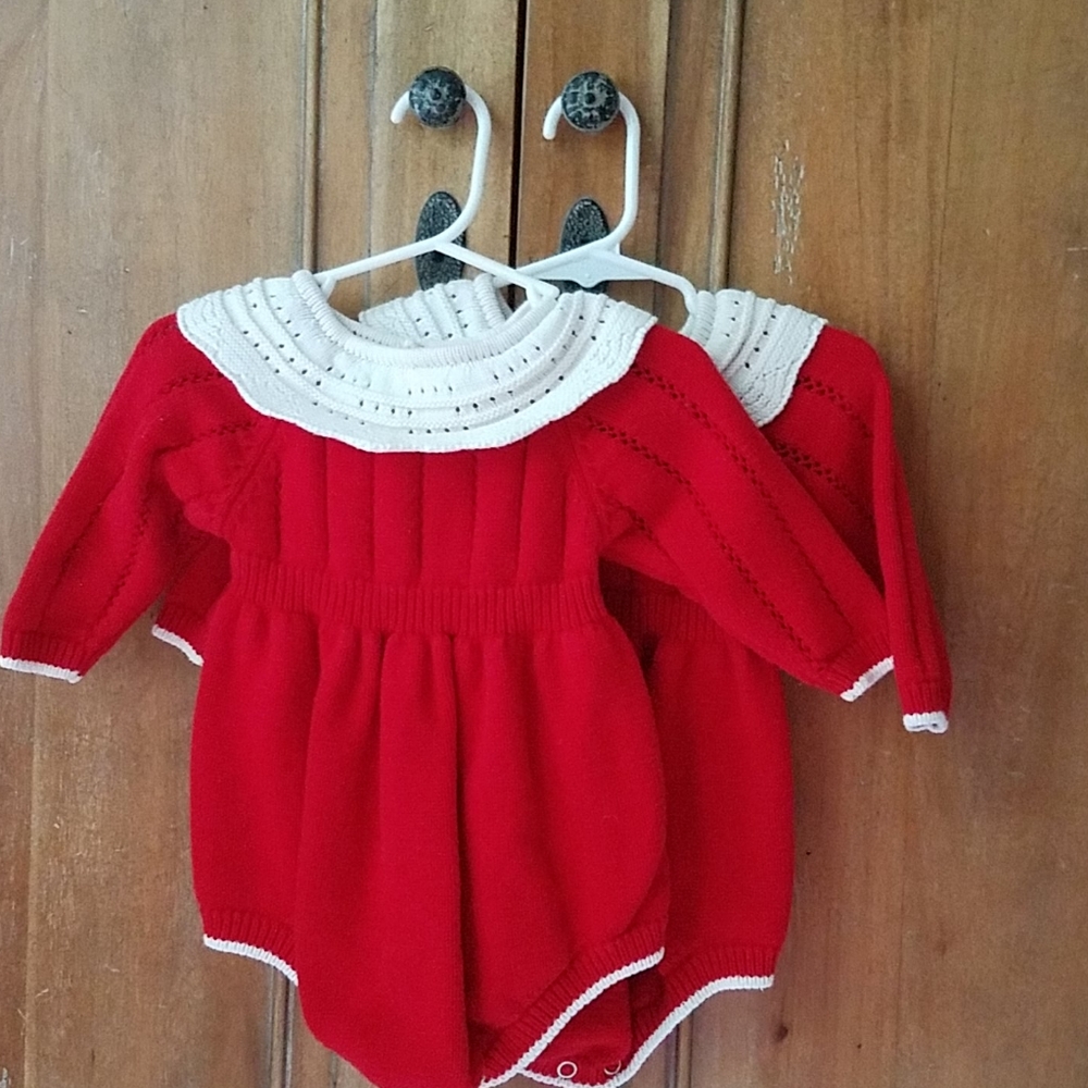 Red & White Knit Rompers for twin boys or girls